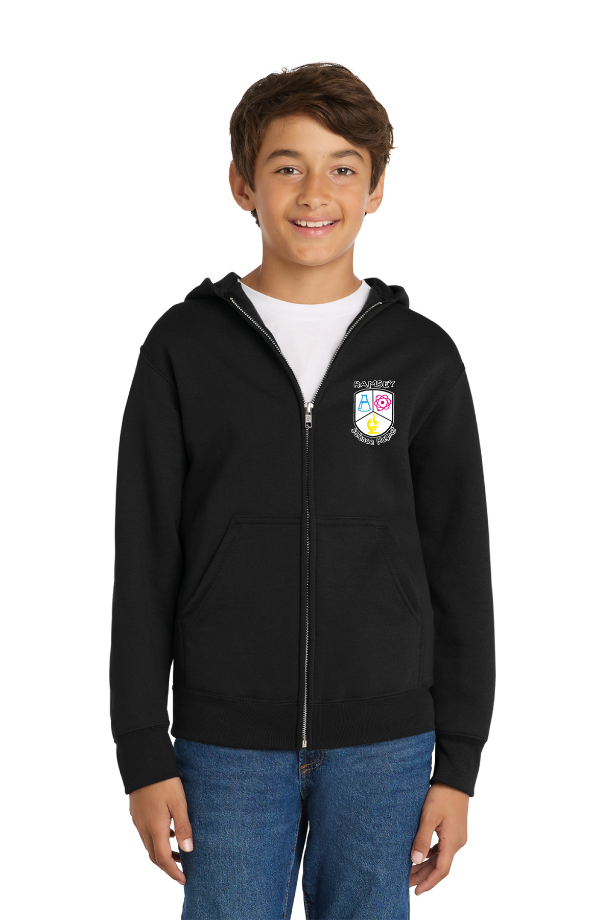 PC90YZH - Port &amp; Co Youth Core Fleece Full-Zip Hooded Sweatshirt - Ramsey Science Magnet - School Store - Digital Print - #28631
