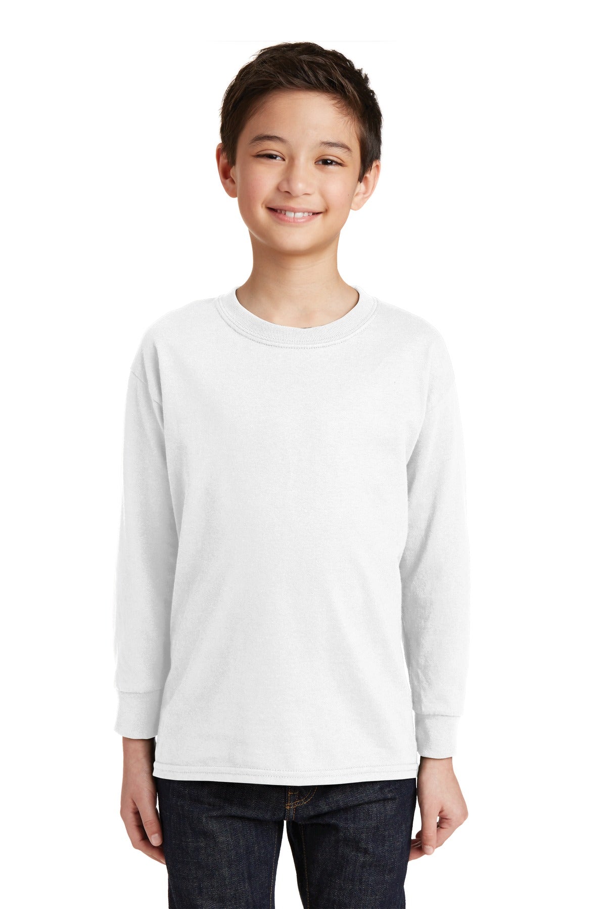 Gildan Youth Heavy Cotton 100% Cotton Long Sleeve T-Shirt 5400B front model image.