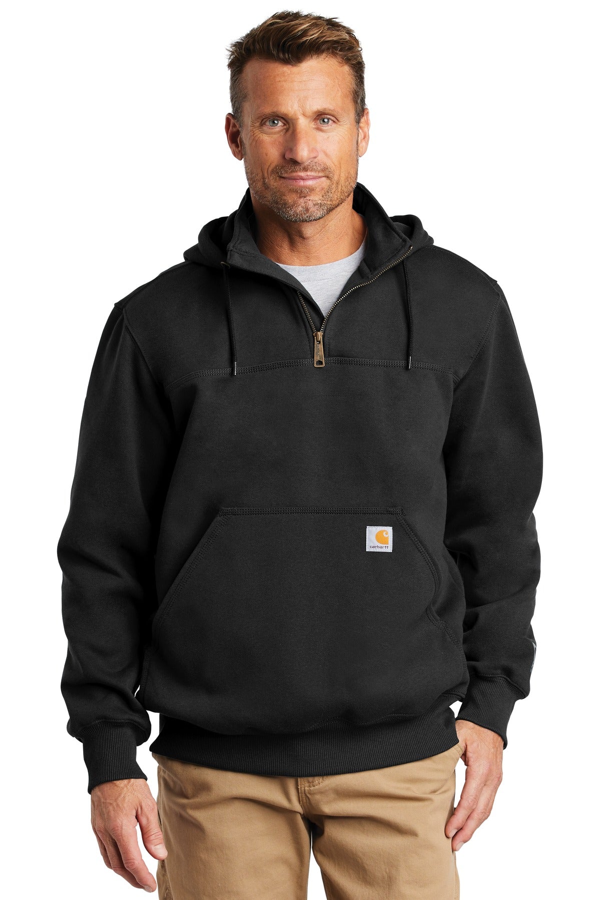 Carhartt  Rain Defender  Paxton Heavyweight Hooded Zip Mock Sweatshirt CT100617 front model image.