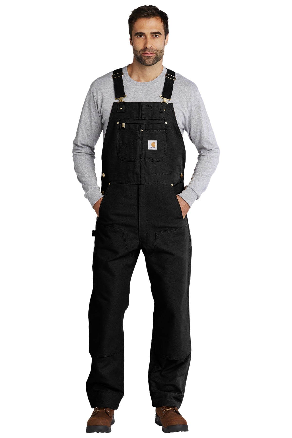 Carhartt Duck Unlined Bib Overalls CT102776 front model image.