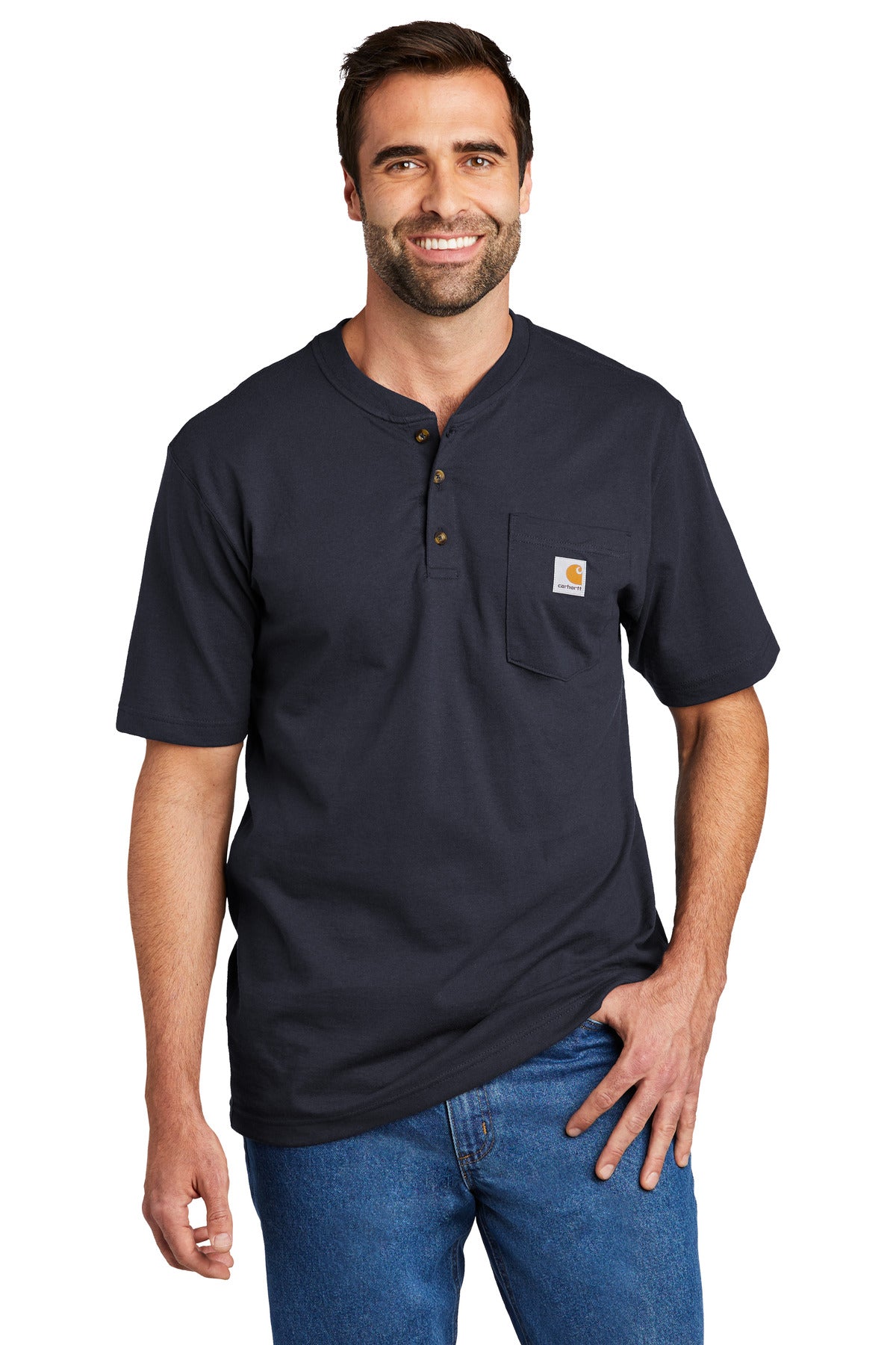 Carhartt Short Sleeve Henley T-Shirt CTK84 front model image.