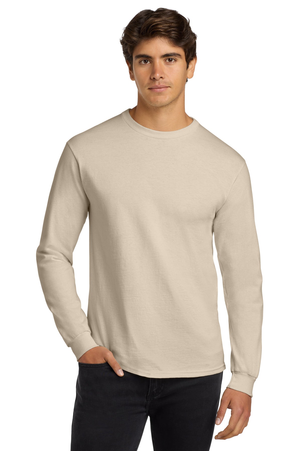 Gildan - Ultra Cotton 100% US Cotton Long Sleeve T-Shirt  G2400 front model image.