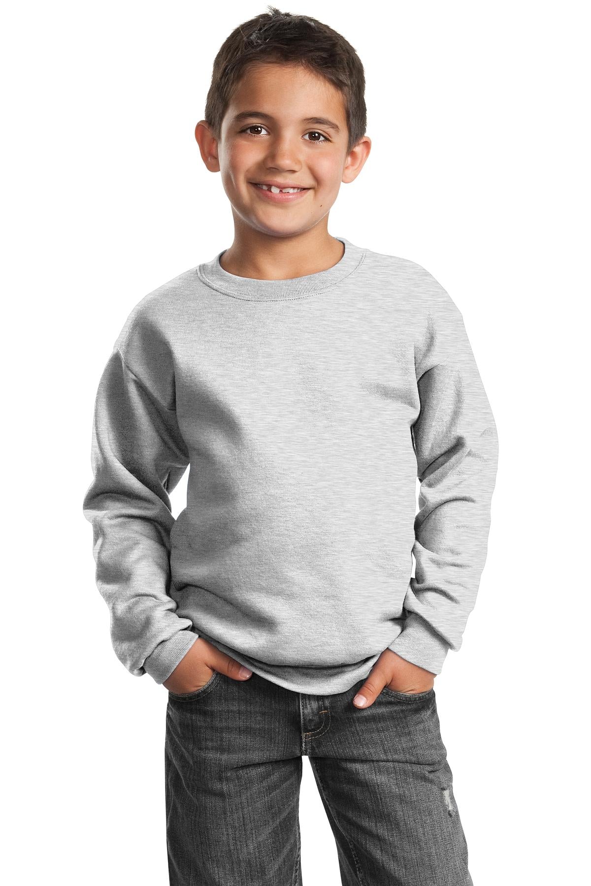 Port &amp; Company Youth Core Fleece Crewneck Sweatshirt  PC90Y front model image.