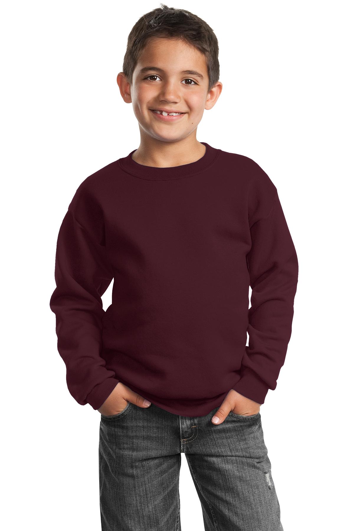 Port &amp; Company Youth Core Fleece Crewneck Sweatshirt  PC90Y front model image.