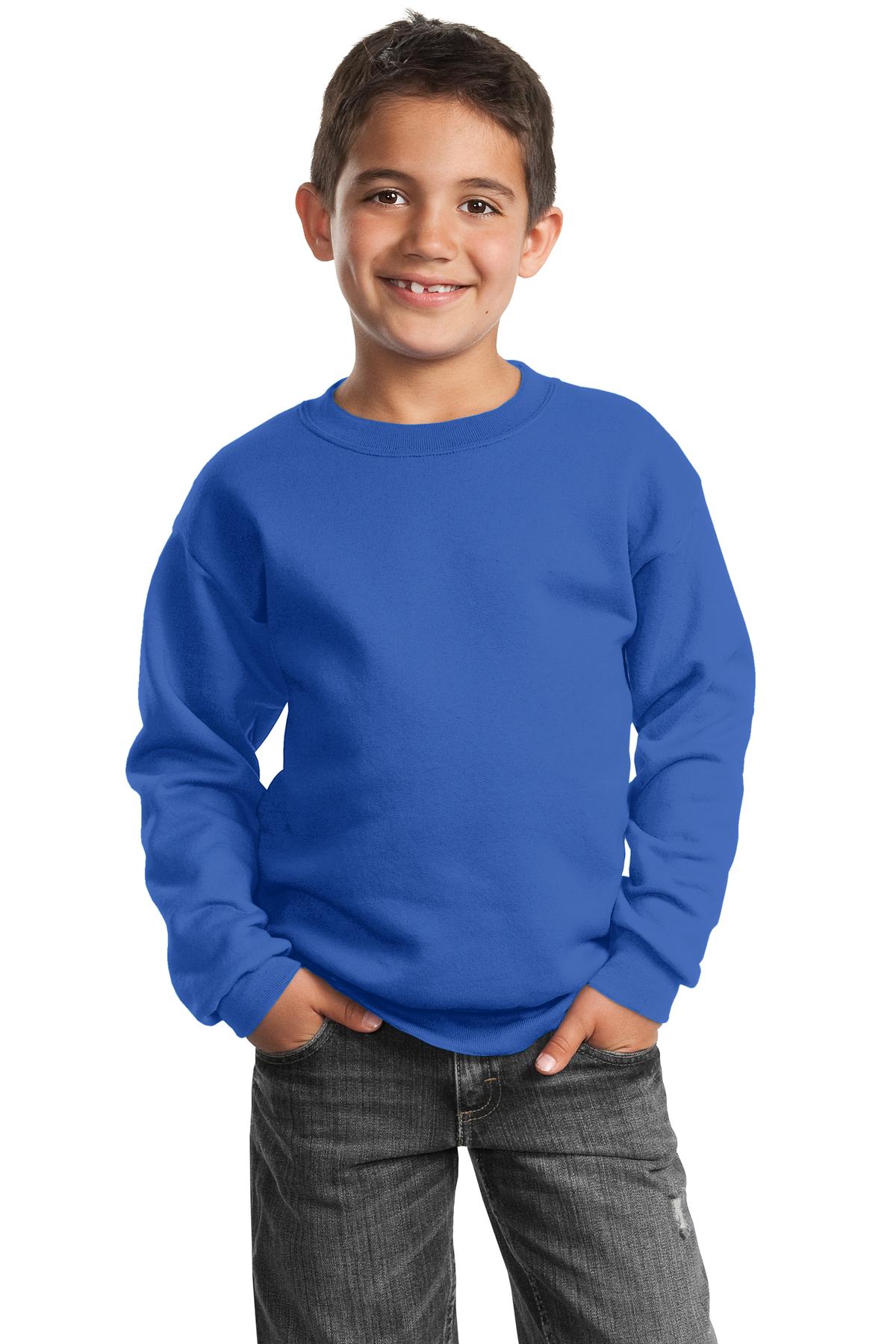 Port &amp; Company Youth Core Fleece Crewneck Sweatshirt  PC90Y front model image.