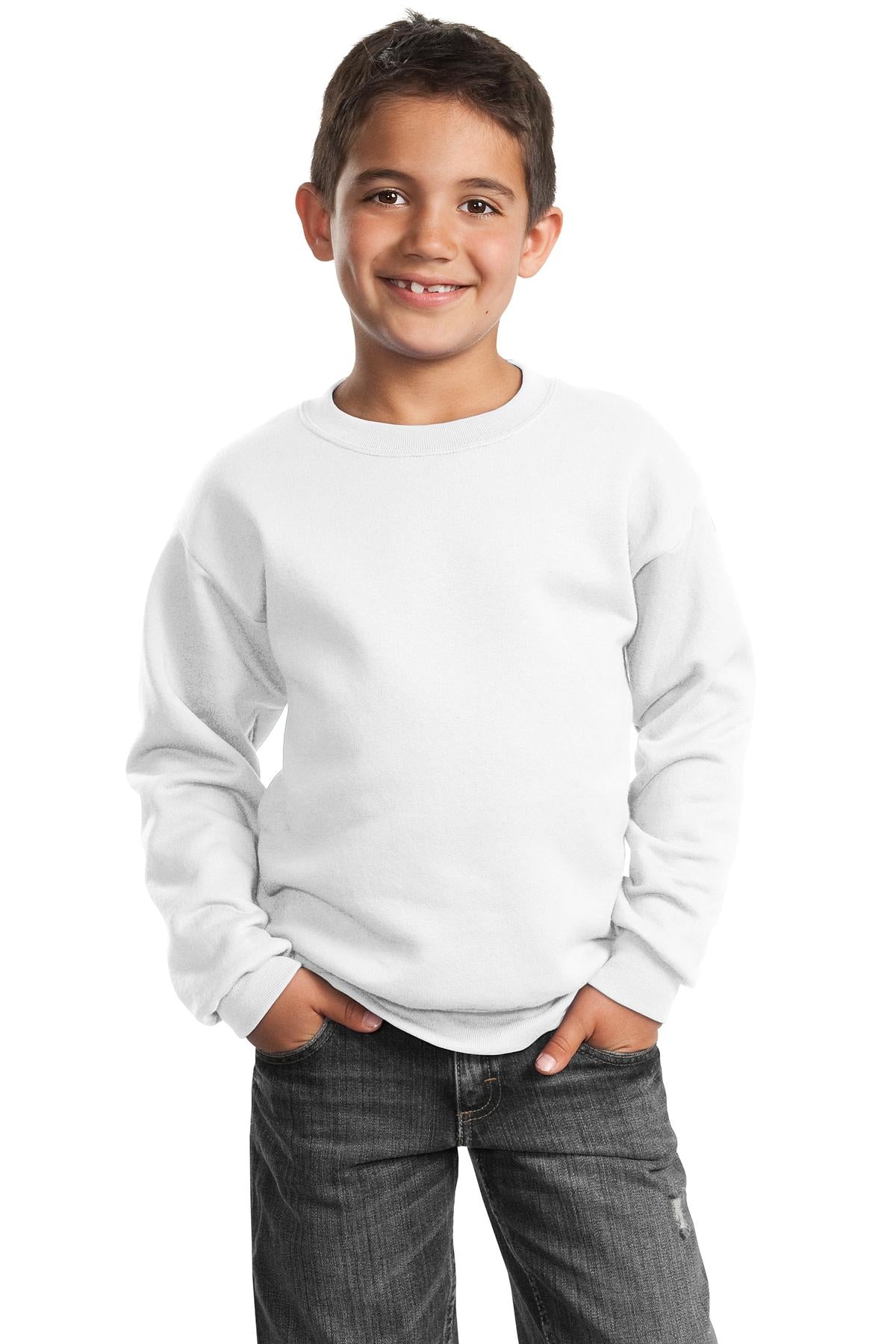 Port &amp; Company Youth Core Fleece Crewneck Sweatshirt  PC90Y front model image.