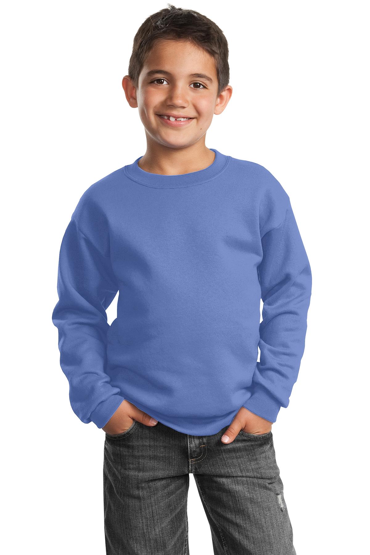 Port &amp; Company Youth Core Fleece Crewneck Sweatshirt  PC90Y front model image.