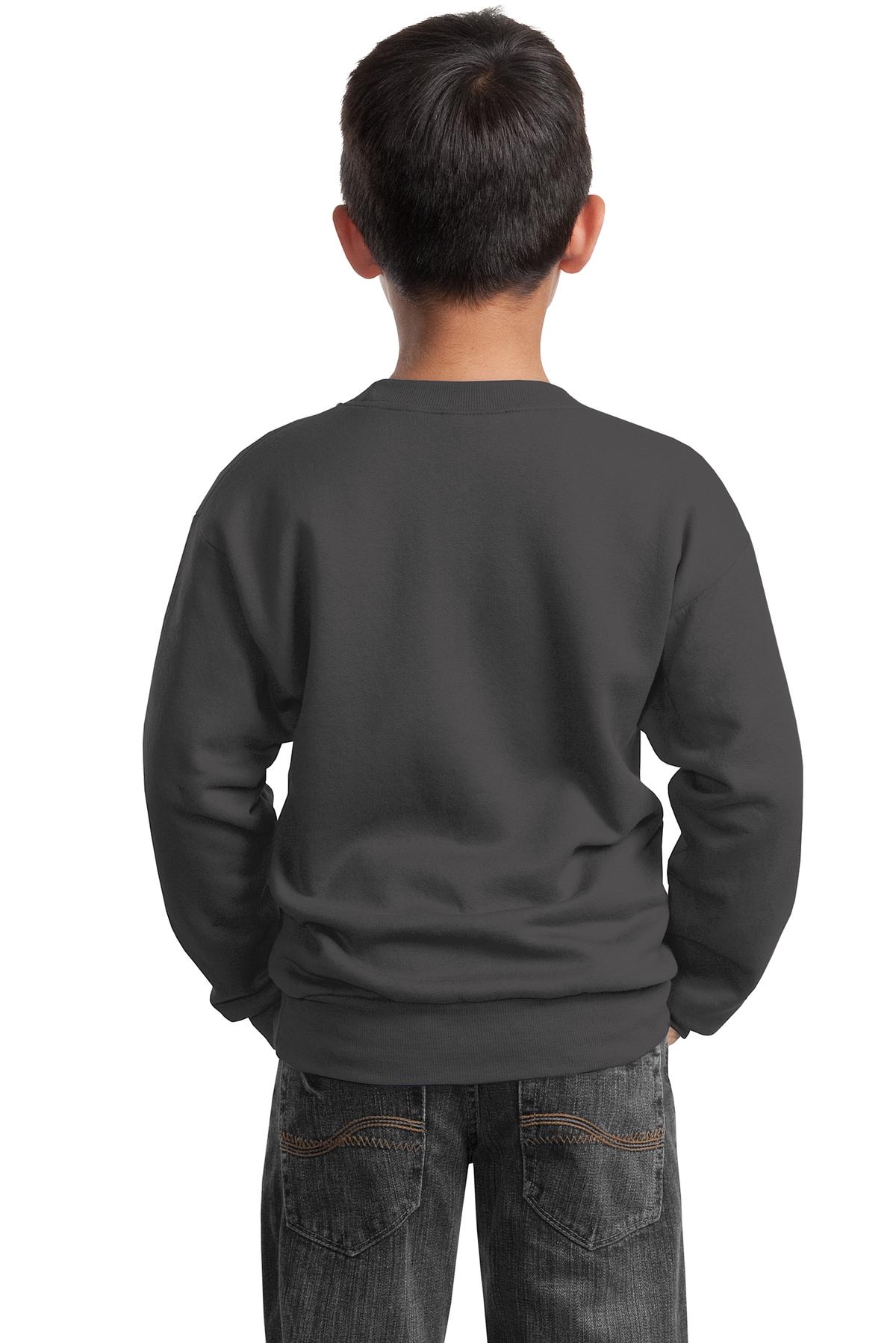 Port &amp; Company Youth Core Fleece Crewneck Sweatshirt  PC90Y back model image.