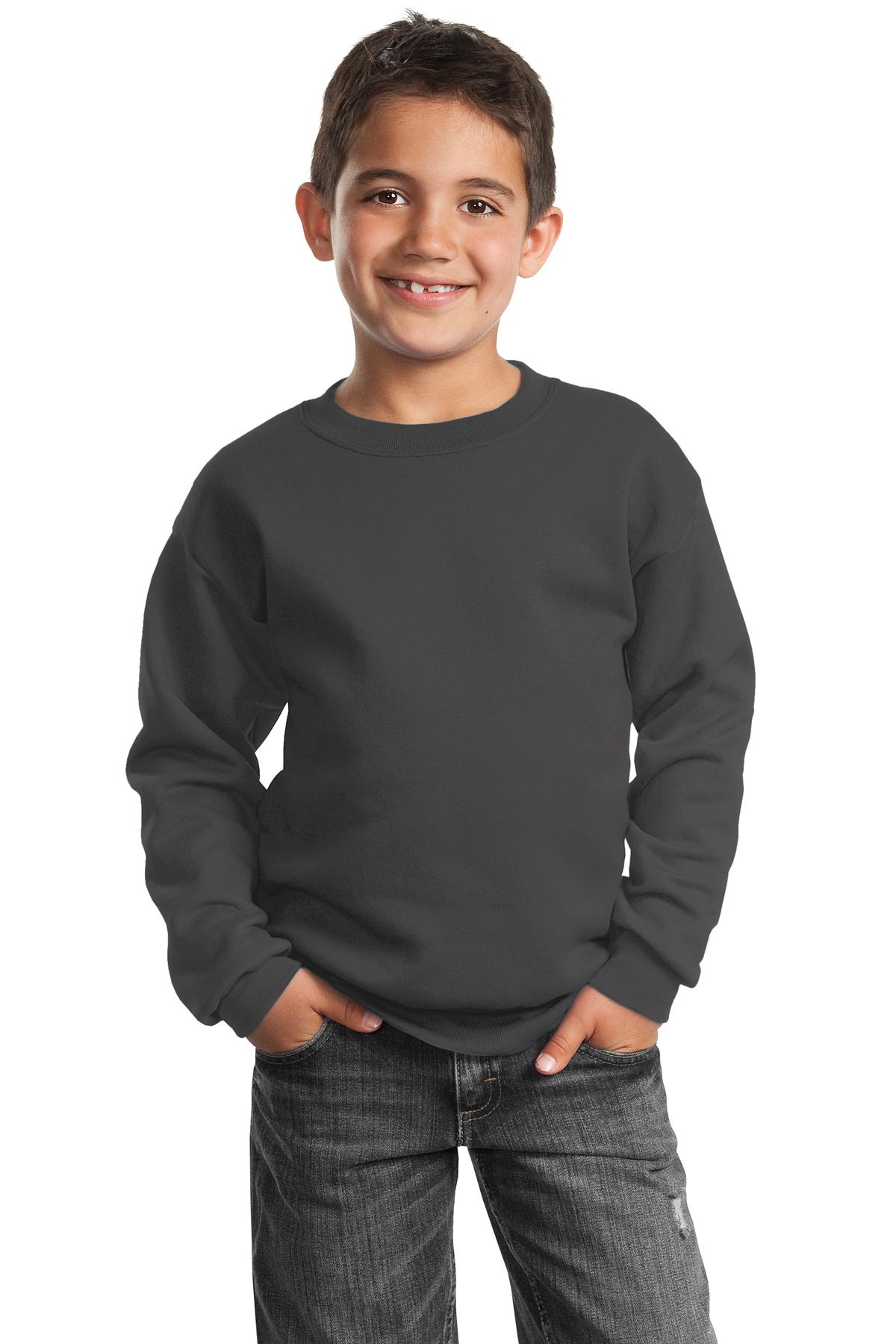 Port &amp; Company Youth Core Fleece Crewneck Sweatshirt  PC90Y front model image.