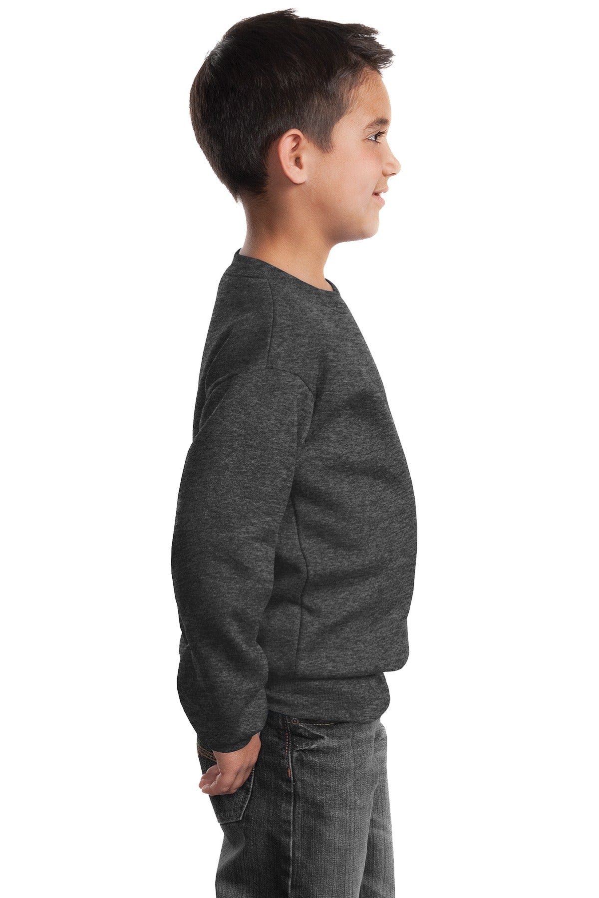 Port &amp; Company Youth Core Fleece Crewneck Sweatshirt  PC90Y side model image.