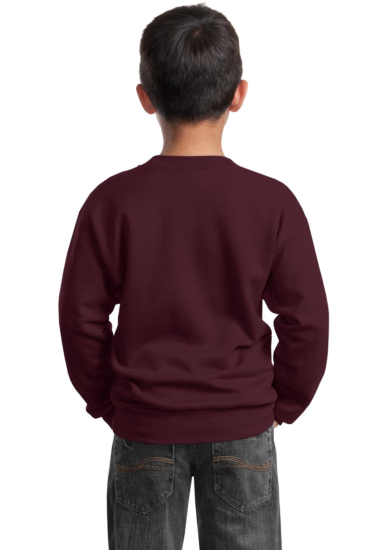Port &amp; Company Youth Core Fleece Crewneck Sweatshirt  PC90Y back model image.