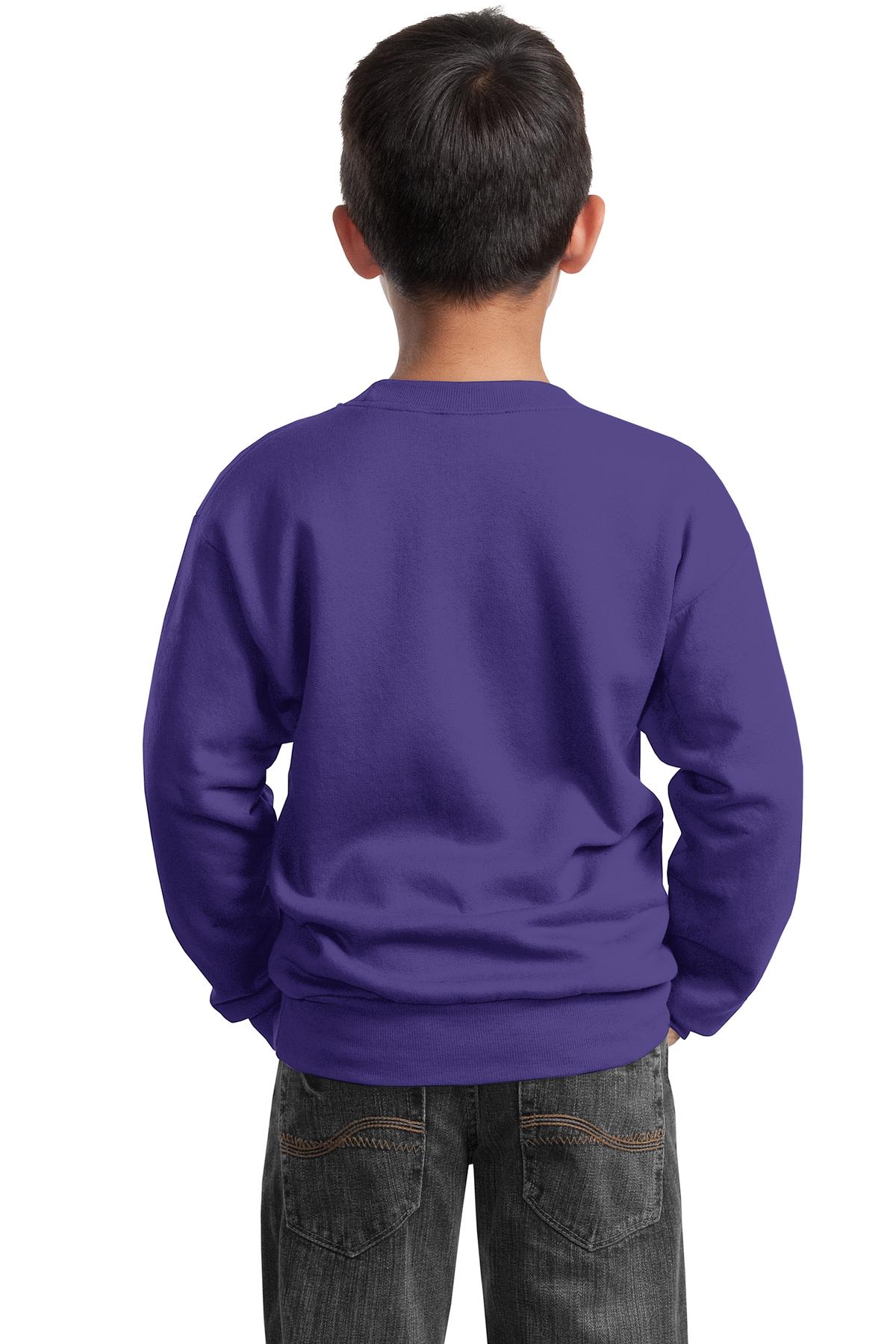 Port &amp; Company Youth Core Fleece Crewneck Sweatshirt  PC90Y back model image.