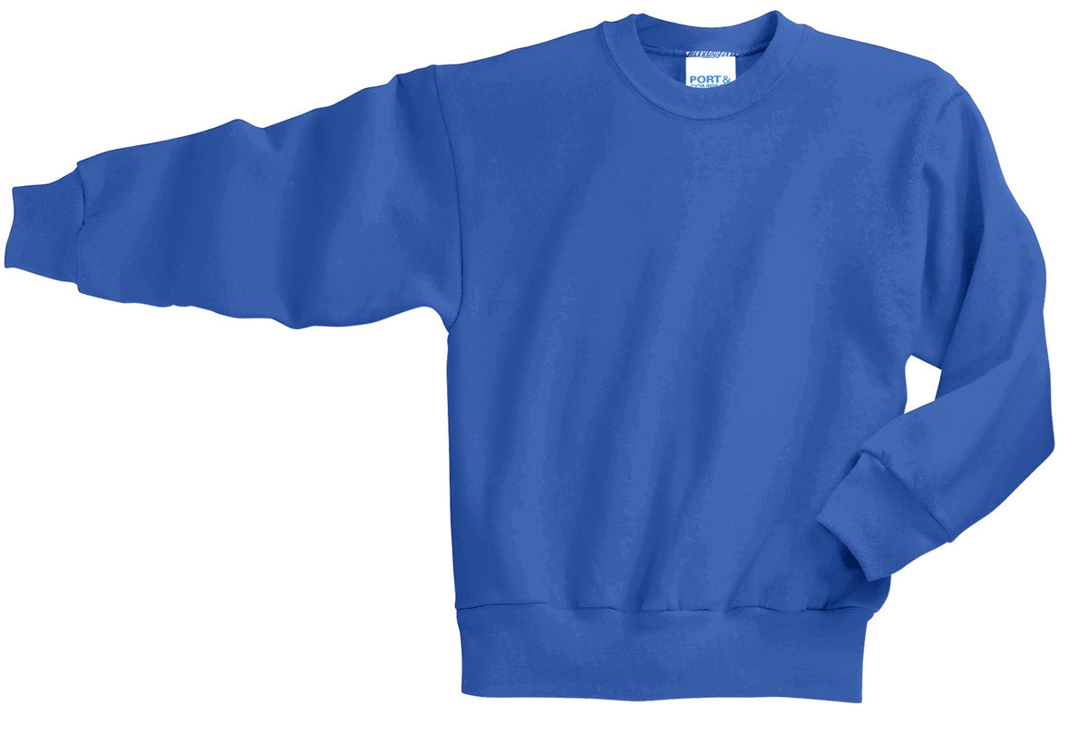 Port &amp; Company Youth Core Fleece Crewneck Sweatshirt  PC90Y front flat image.