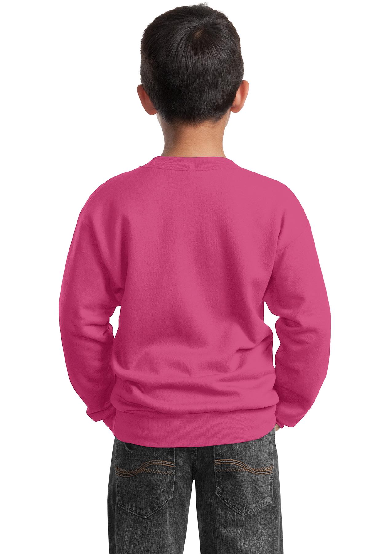 Port &amp; Company Youth Core Fleece Crewneck Sweatshirt  PC90Y back model image.