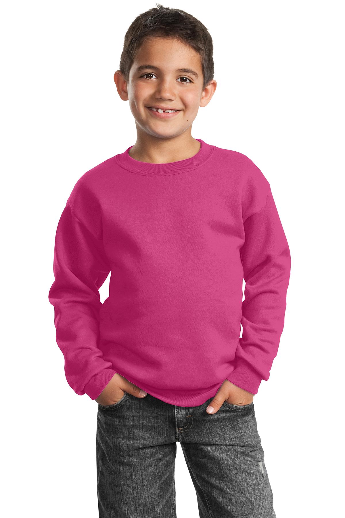 Port &amp; Company Youth Core Fleece Crewneck Sweatshirt  PC90Y front model image.